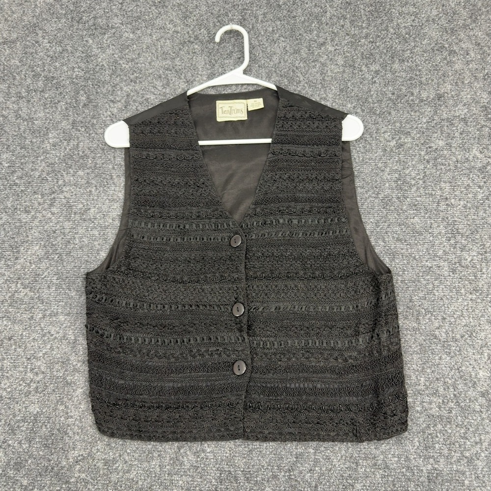 Vintage Tantrums Vest Womens M Black Rayon Crochet Lace Button Front Boho Goth